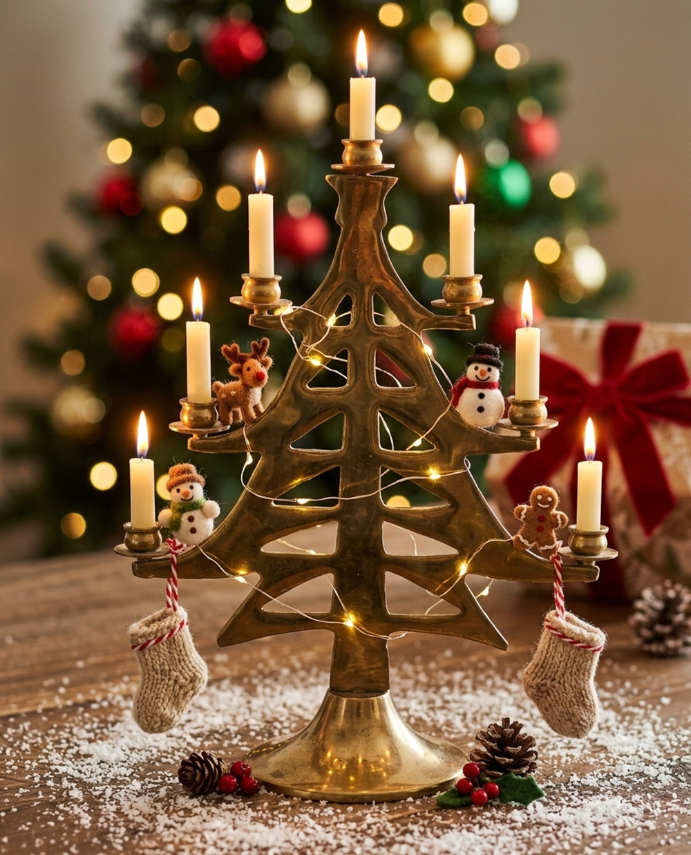 Vintage Solid Brass 9.5 MCM Christmas Tree Candelabra Holder 7 Cup Korea Sticker